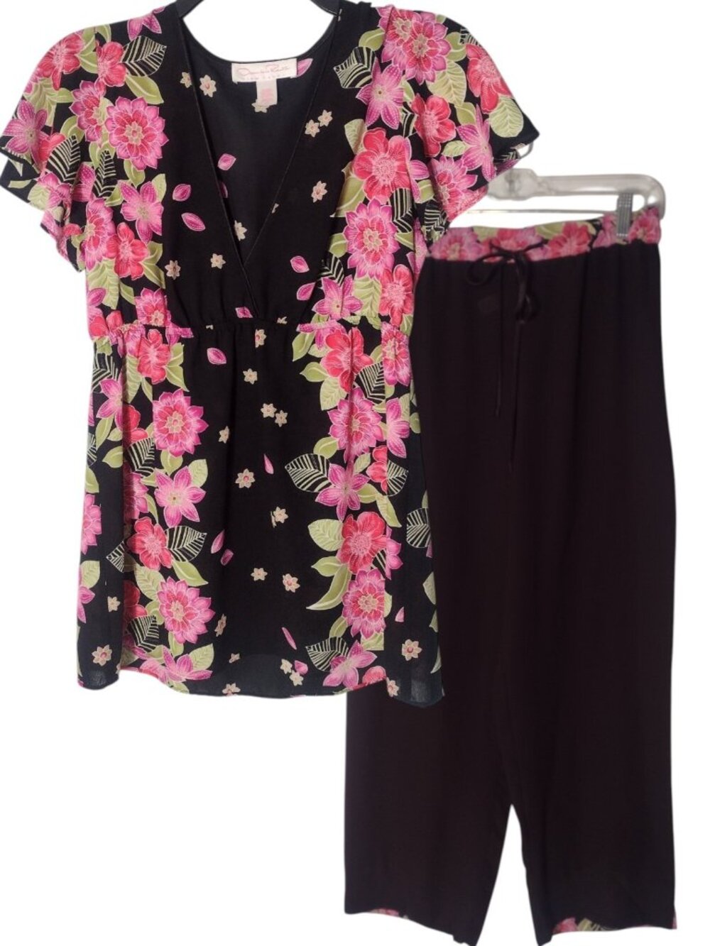 Oscar De La Renta Pink Label Babydoll Floral Pajama Set XS Lightweight Wide Leg